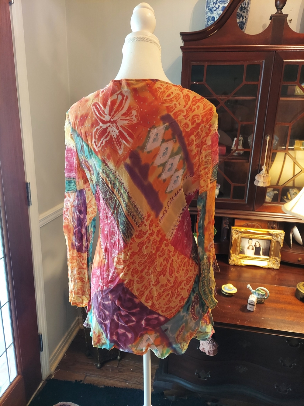 V-Neck Multicolor Patchwork Boho Tunic - Orange Mix - Picture 3 of 4